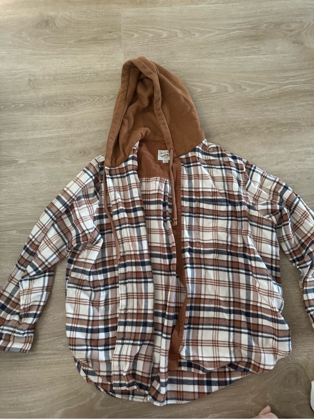 American Eagle Outfitters Rust Brown & Cream Plaid Hooded Shirt Jacket